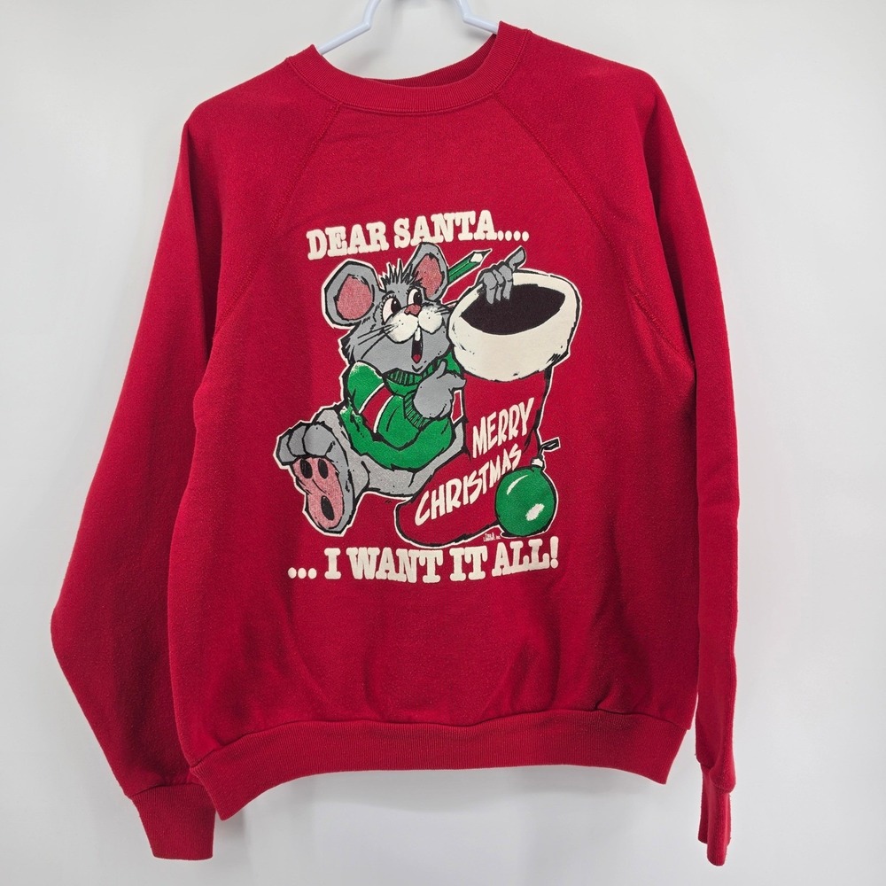 Vintage U.S. Sweats Christmas Mouse Red Sweatshirt Large Made in USA 80s 90s